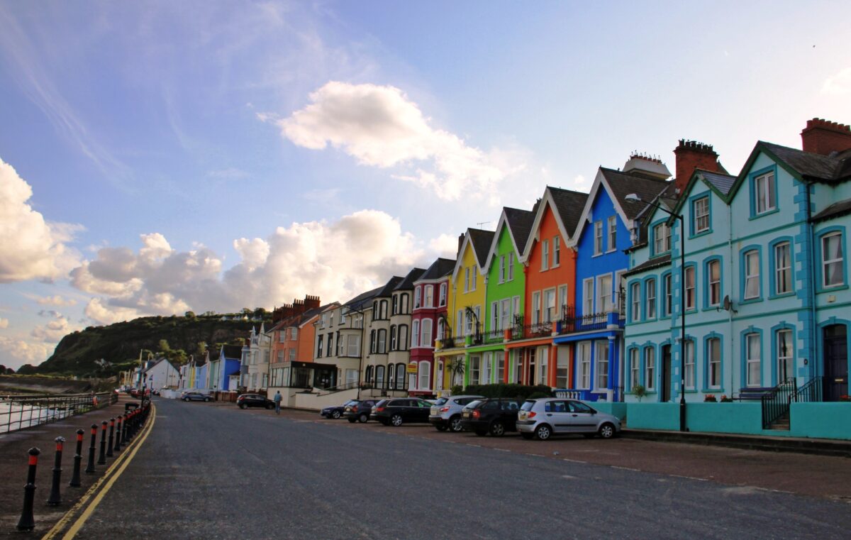 Small village on Antrim coast with beautiful coloured houses