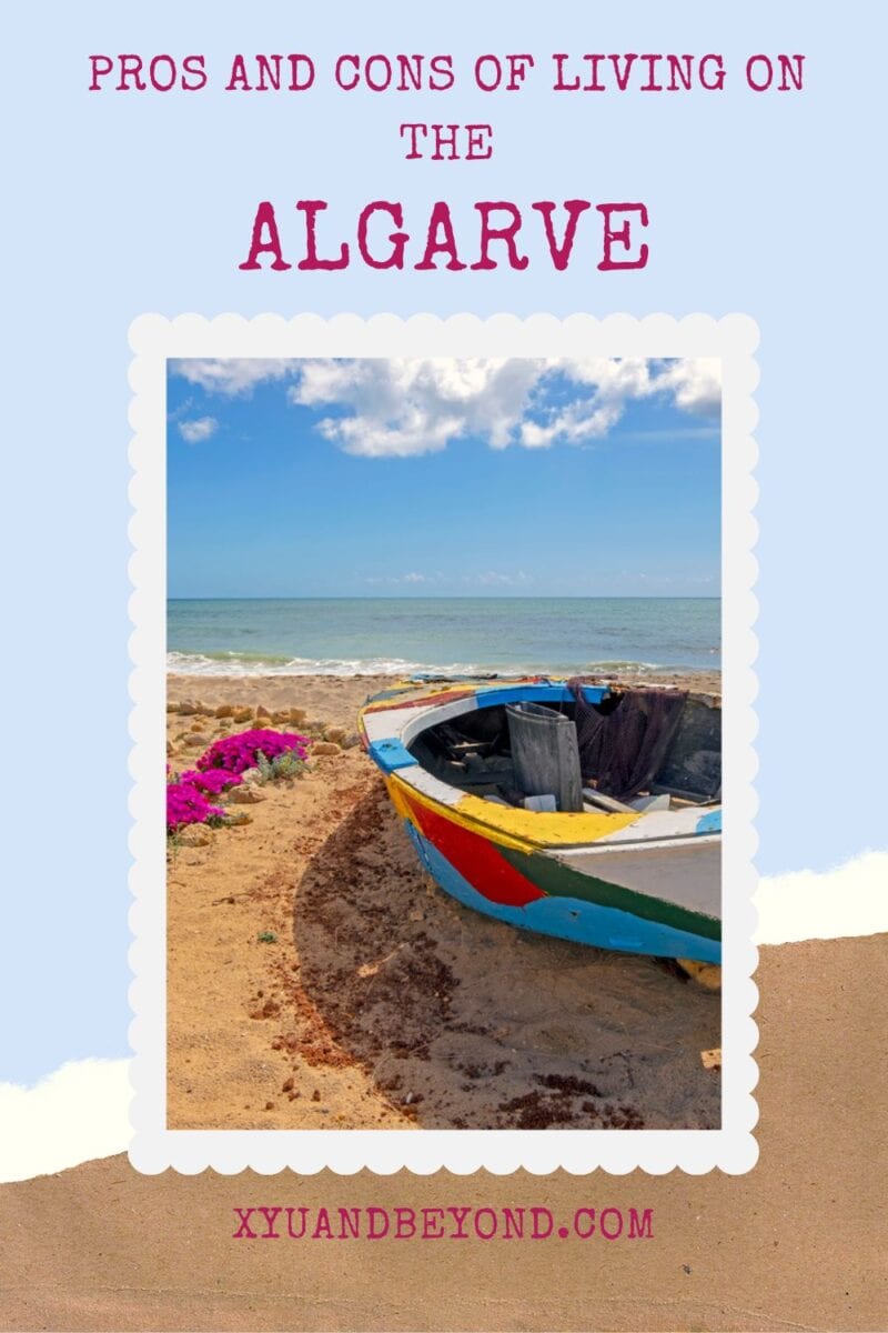 Picturesque Algarve beach with colorful boat - exploring the pros and cons of living in Portugal's coastal gem.