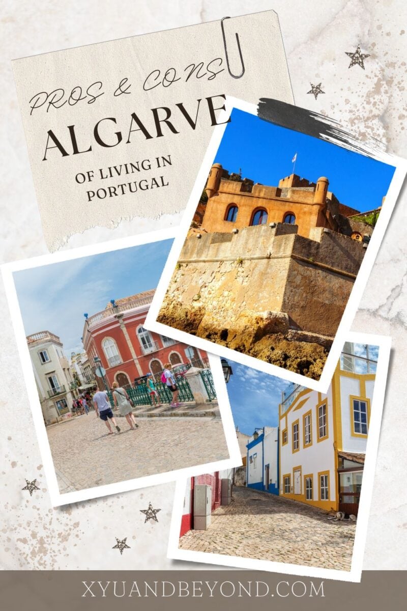 A collage highlighting the pros and cons of living in Portugal, with scenic photographs and a notepad.