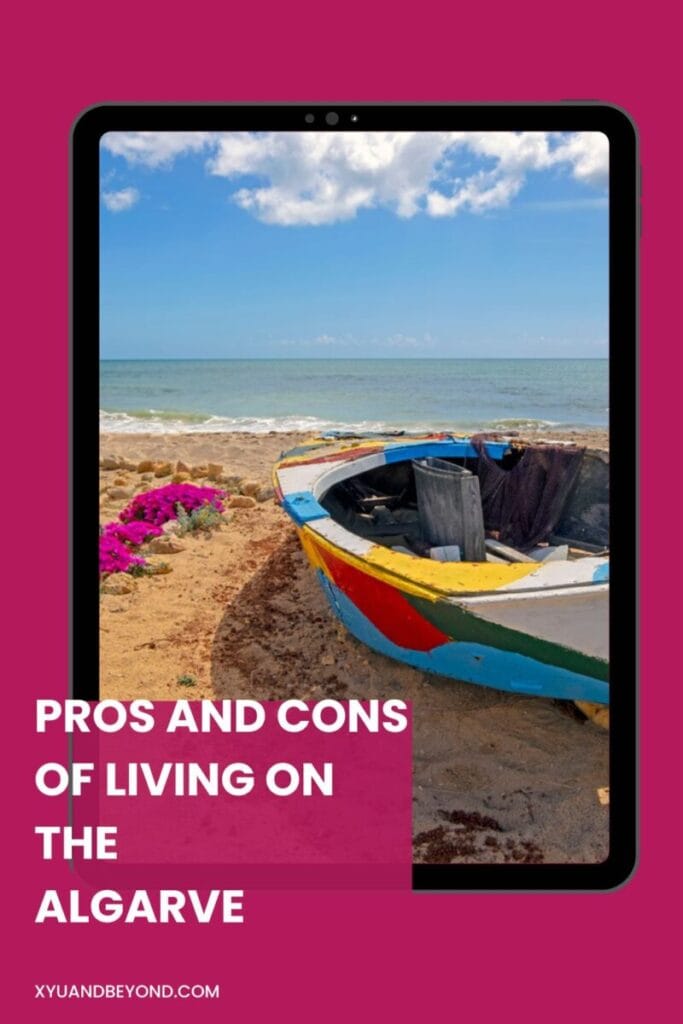Tablet displaying an article titled "pros and cons of living in Portugal" with a background image of a colorful boat on a sandy beach by the ocean.