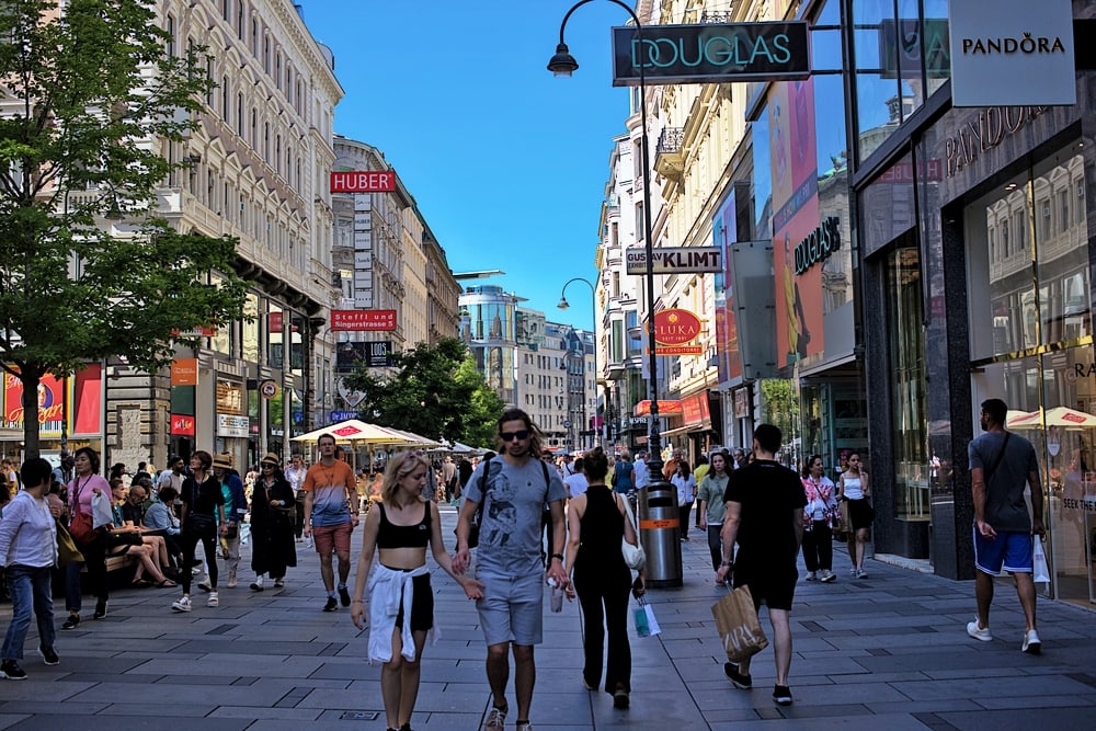 Vienna, Austria - June 29, 2023: View of one of the typical streets in the historic center of Vienna. A very popular place among tourists. Streets and architecture of the old city.