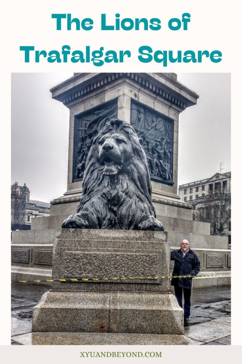 The iconic lion statue of Trafalgar Square.