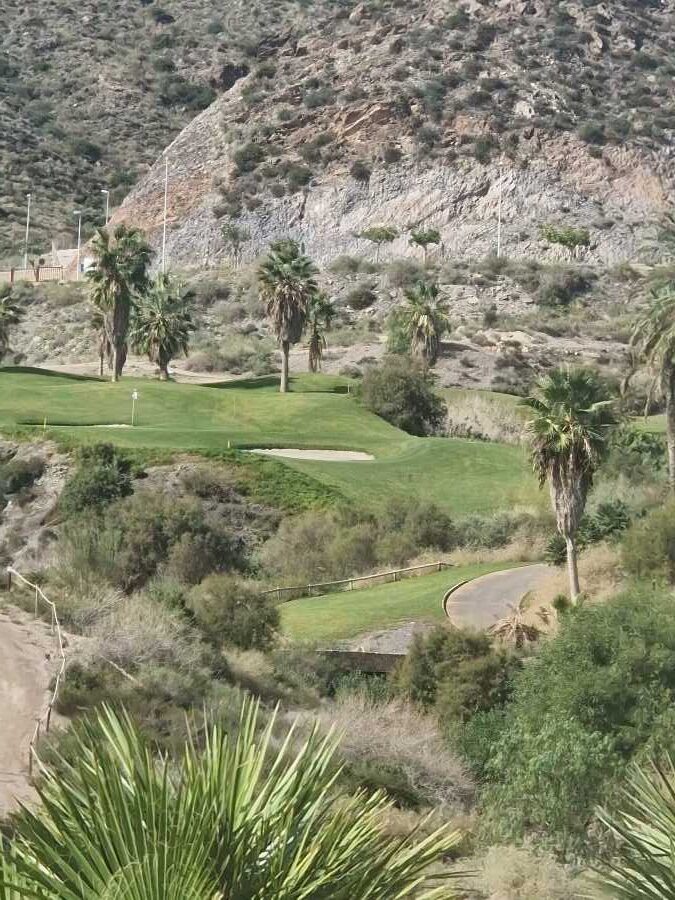 A golf course with sand traps and palm trees sits at the base of a rocky, arid mountain.