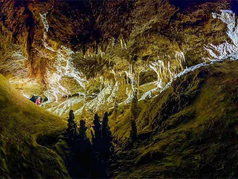 A person in a red jacket stands in a large cave filled with stalactites and stalagmites.