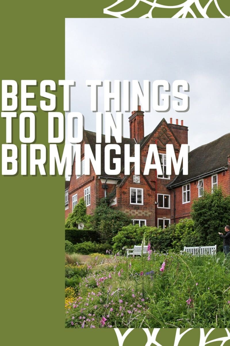 A travel guide cover with the title "things to do in Birmingham" overlaying an image of a red-brick building with a lush garden.