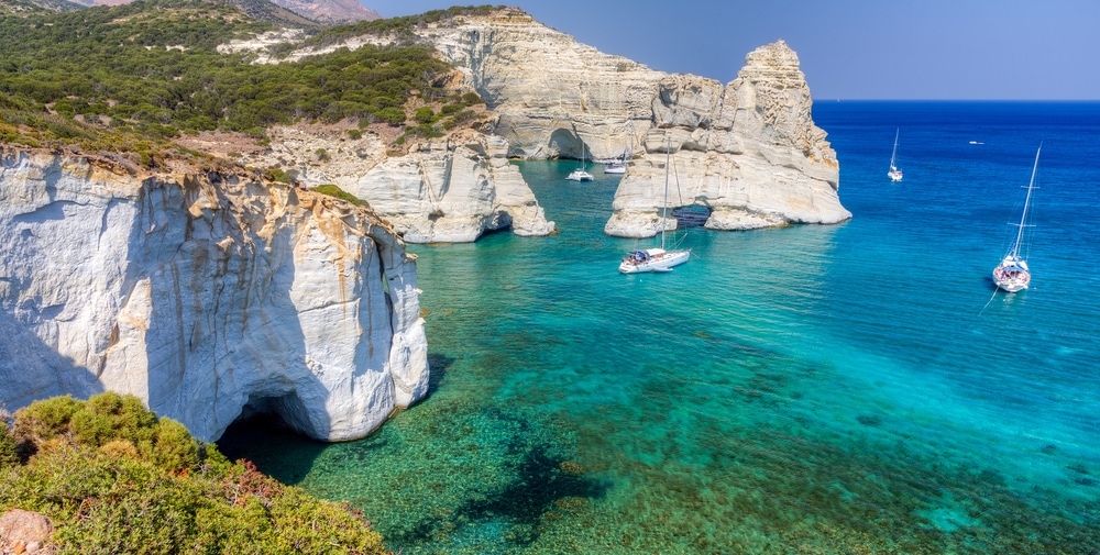 Panoramic view of the pictorial Kleftiko cove located at the south coast of Milos island, Cyclades, Greece