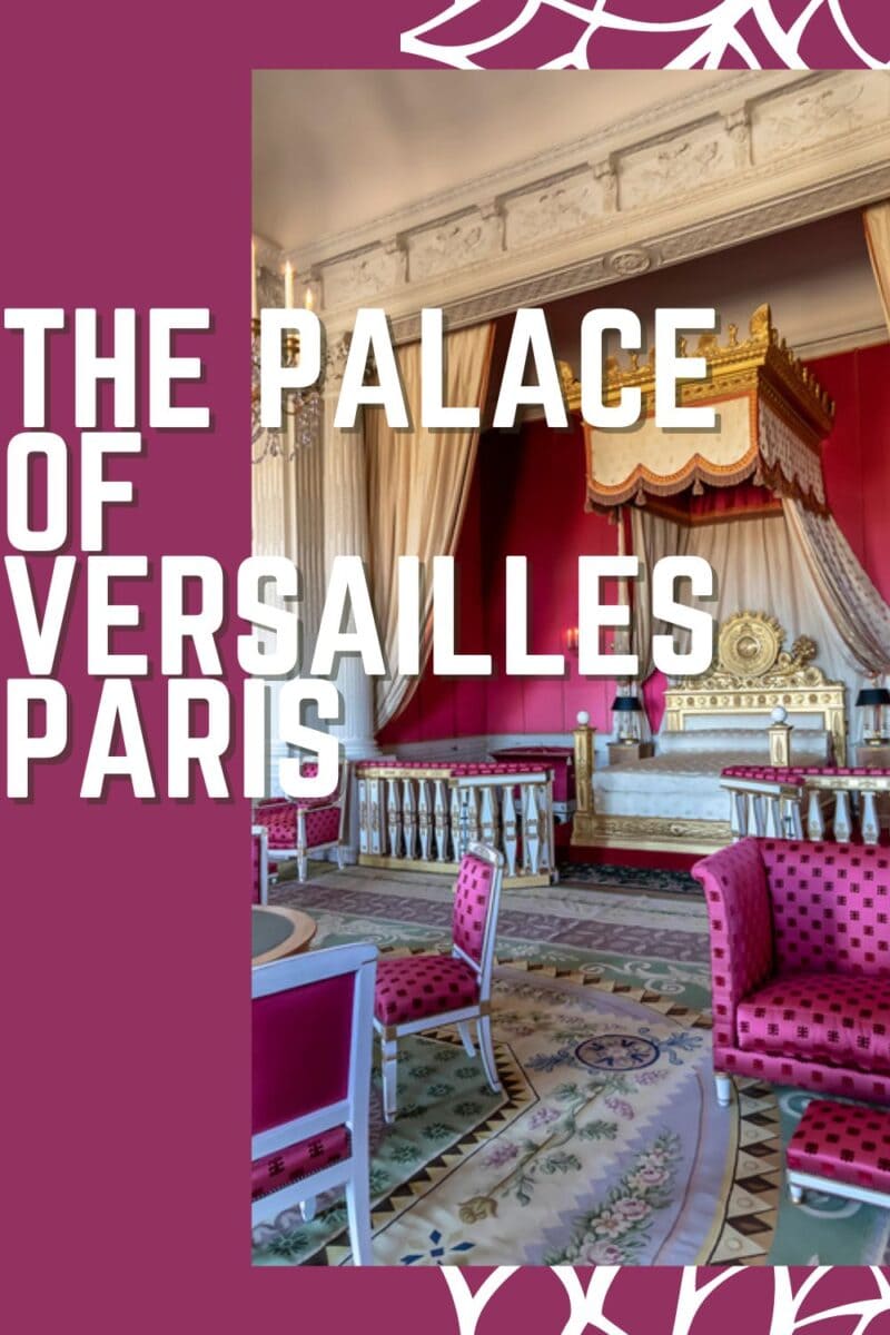Opulent interior of the Palace of Versailles, a popular day trip from Paris, with vibrant pink chairs and a grand canopy bed.