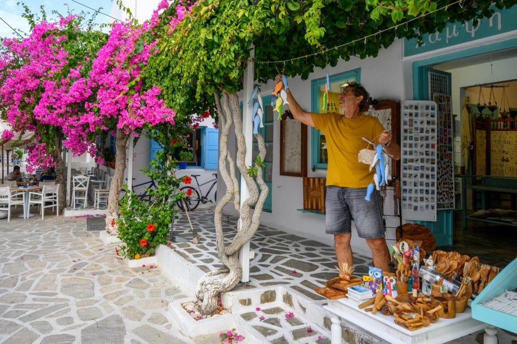 Antiparos, Greece Greek street with souvenir shops on Antiparos Island. Cyclades
