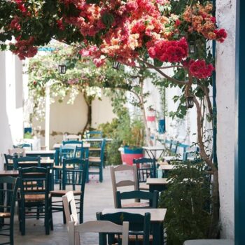 A narrow alley with tables and chairs in front of a flowering tree, creating a serene and charming atmosphere on Paros, worth visiting.