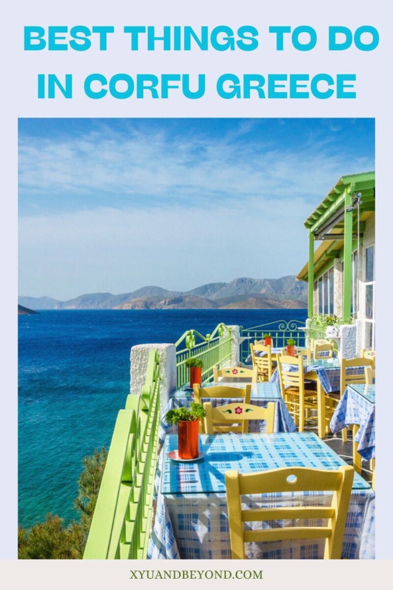 Coastal view from a vibrant cafe in Corfu, Greece, highlighting the best things to do in Corfu.