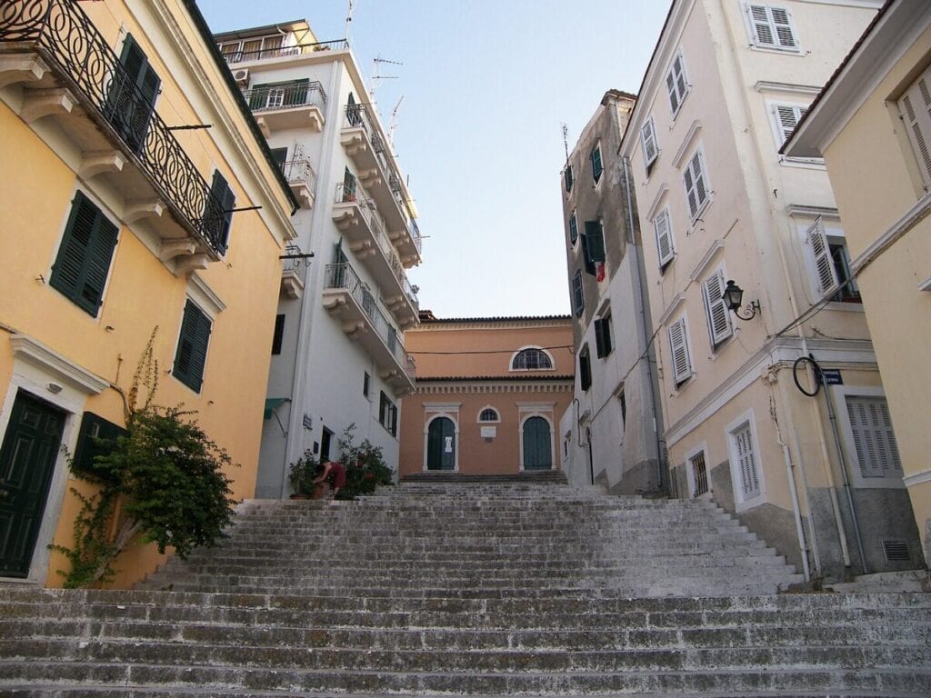 One of the best things to see in Corfu is the stairs leading up to a building.