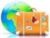 An orange suitcase with a globe in the background.