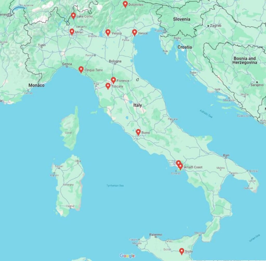 A map showing the locations in italy.