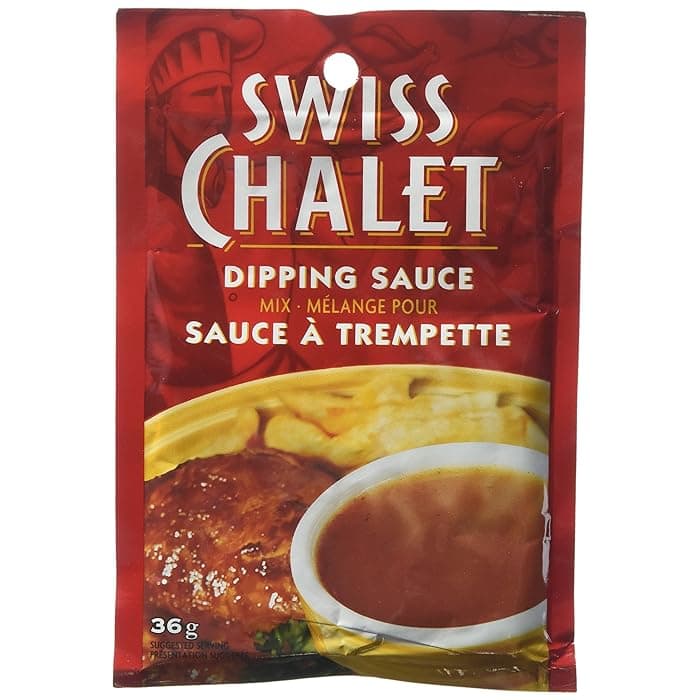 A red package with a picture of canadian food Swiss Chalet sauce.