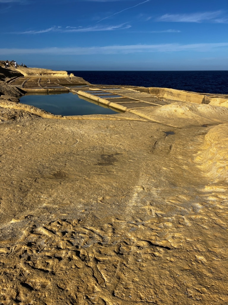 Salt pans carved into coastal rock formations under a clear blue sky.