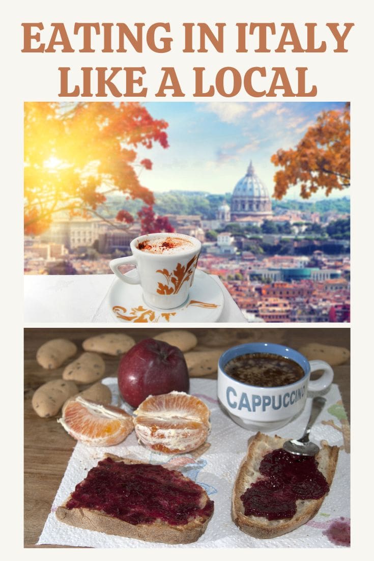 Eating in Italy: Experiencing the flavors with a traditional breakfast and a scenic view of Rome in the background.