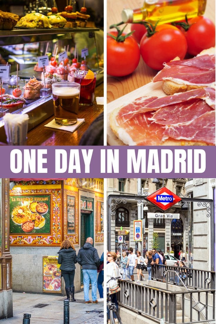 A collage showcasing various aspects of "one day in Madrid," including tapas, local cuisine, traditional storefronts, and a metro station entrance.