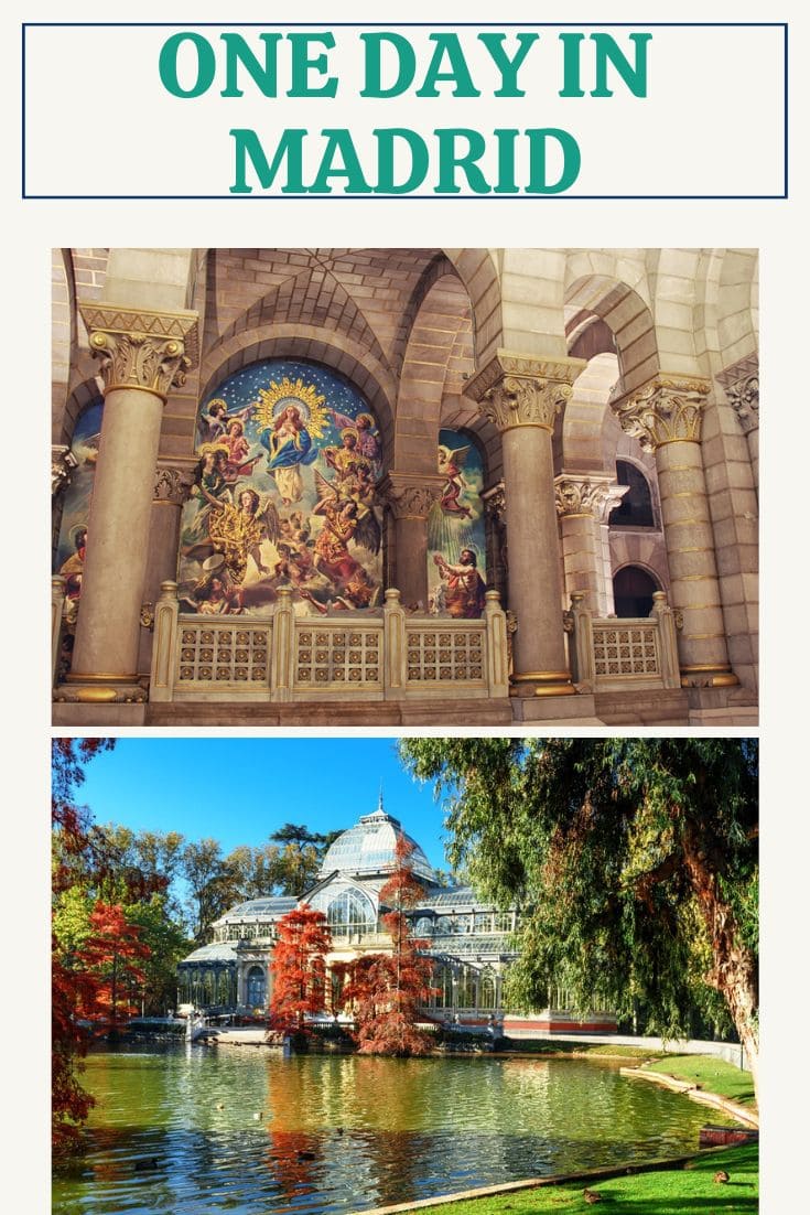 A collage showcasing two attractions in Madrid, with an ornate interior of a historical building on top and a glass palace amidst an autumnal park scene below, captioned "One Day in Madrid.