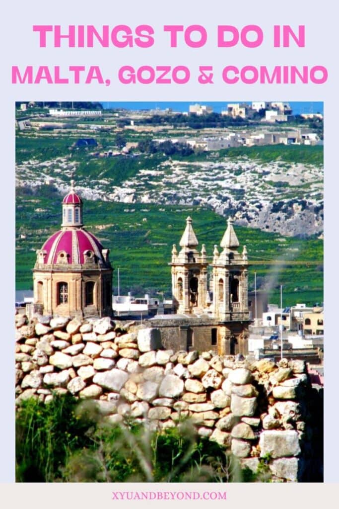 A vibrant travel guide poster highlighting things to do in Malta, Gozo, and Comino with a scenic view of a Maltese church and landscape.