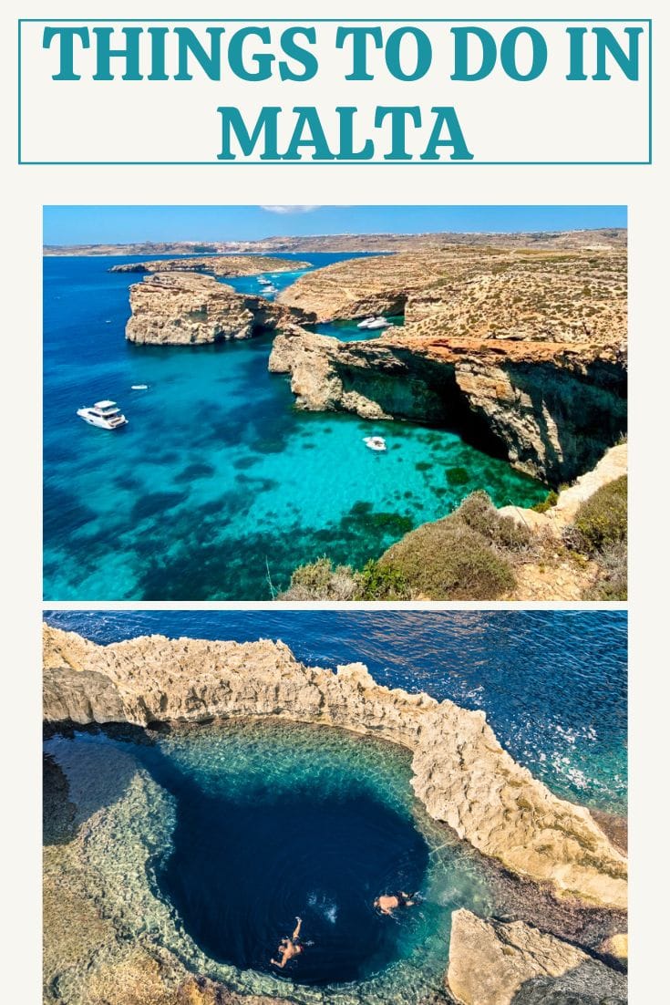 Promotional poster for things to do in Malta showcasing two scenic locations: a boat near a coastal cliff and people swimming in a natural pool.