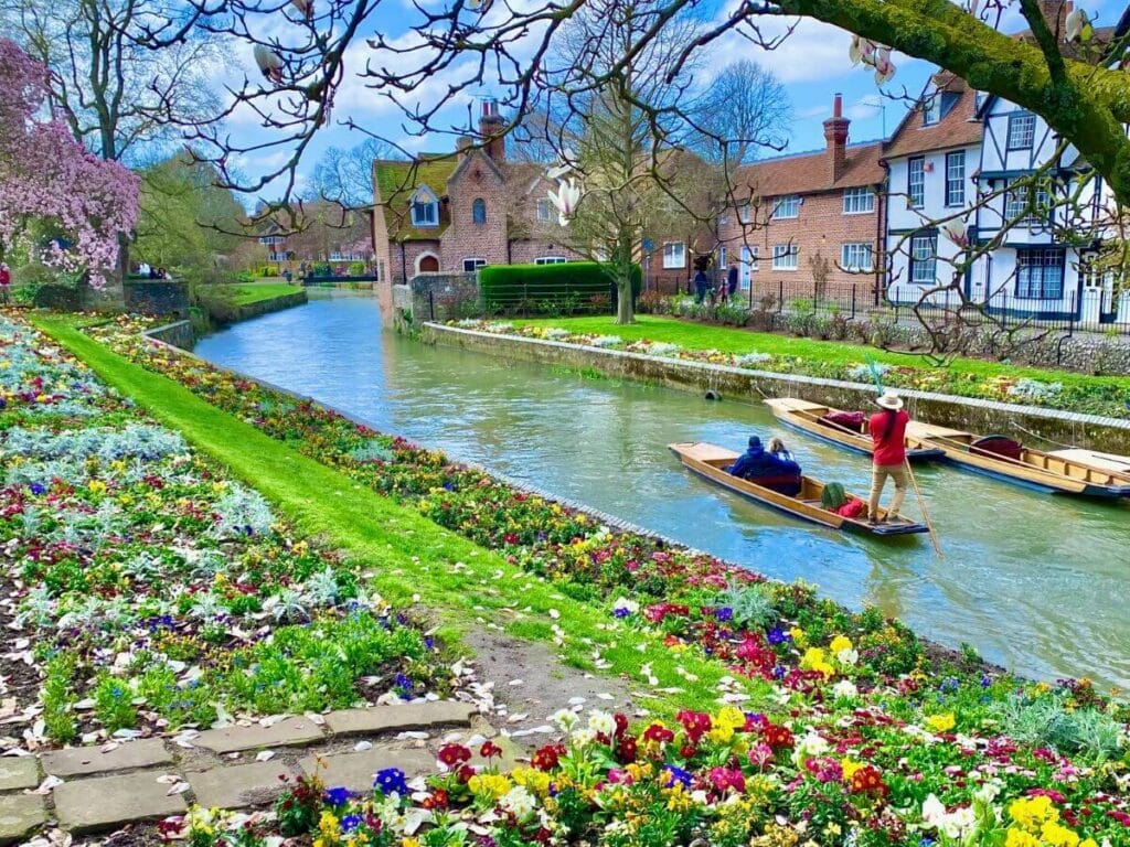 Punting along a vibrant, flower-lined river in a quaint urban setting during Canterbury boat trips.