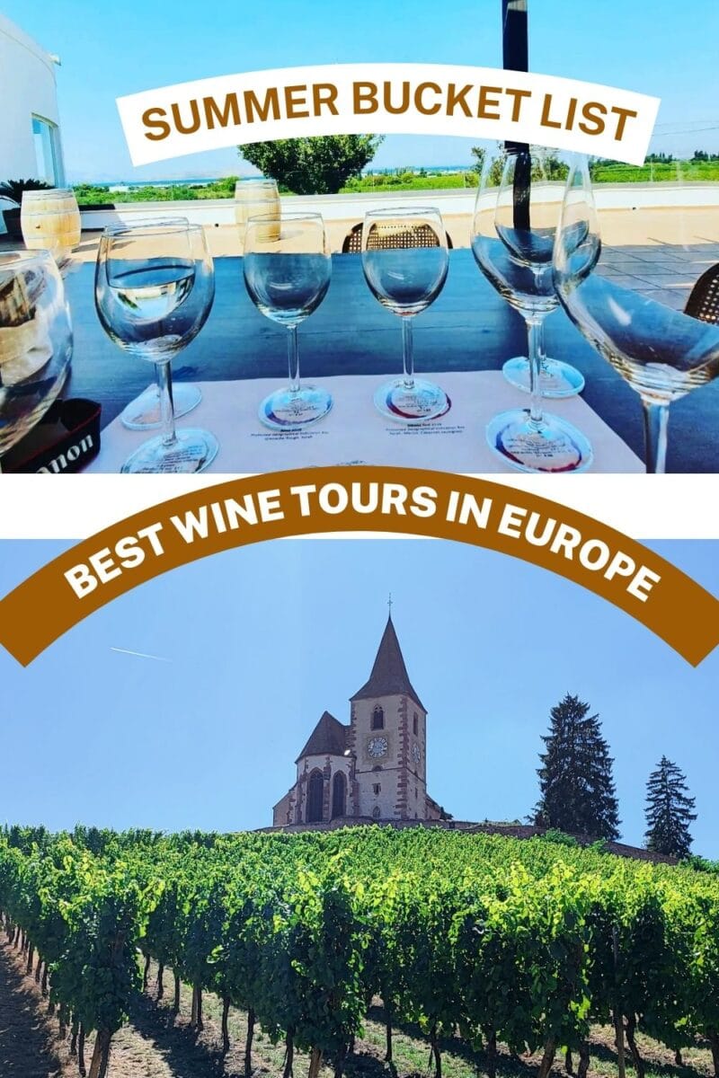Promotional image for wine tours in Europe, featuring a top view of wine glasses on a table and a scenic view of a vineyard with a church in the background.