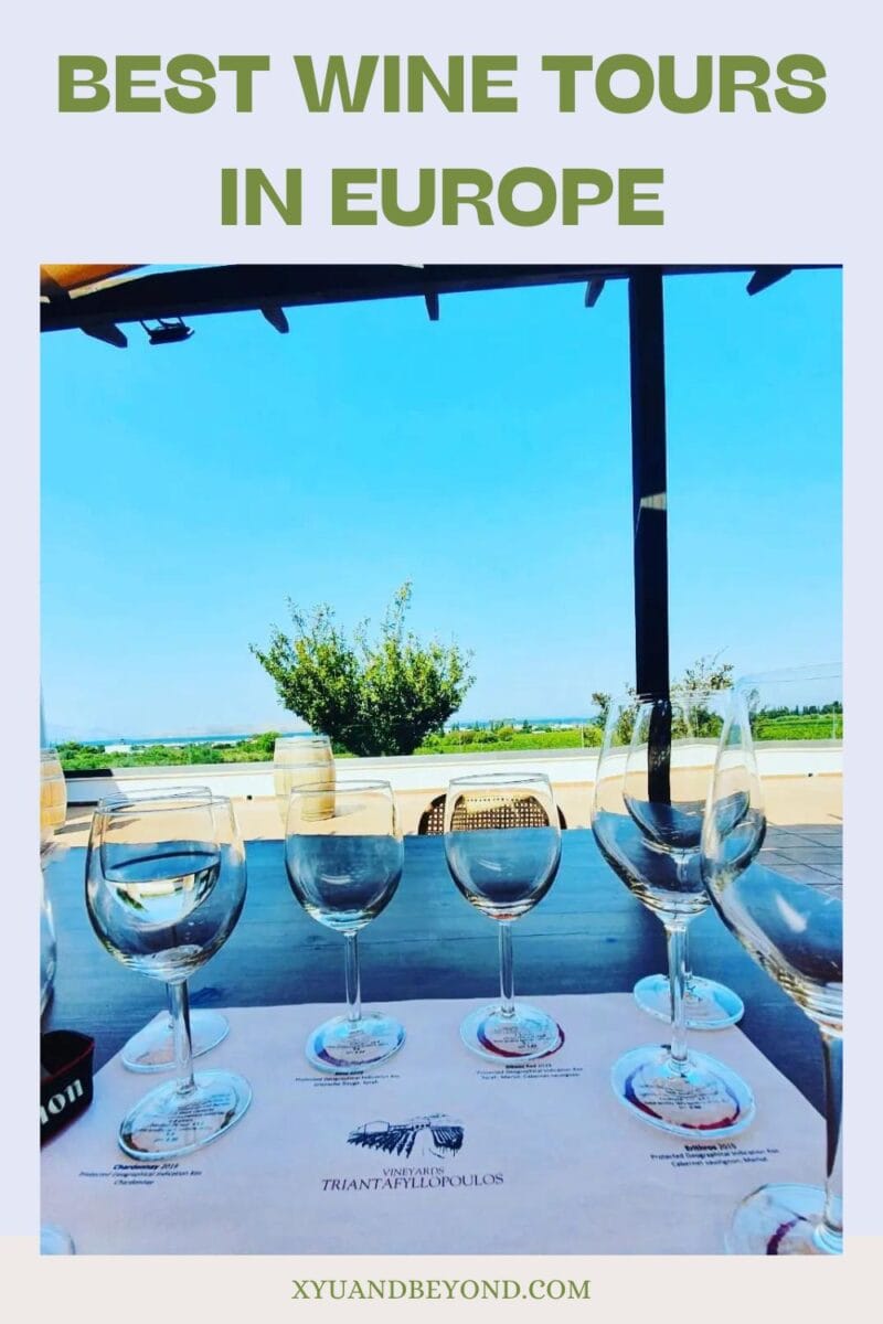 An outdoor table set with empty wine glasses and a tour pamphlet, promoting the best wine tours in Europe, featuring a scenic, vineyard backdrop.