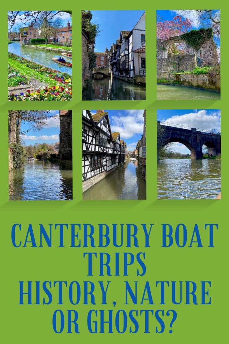 Promotional poster for Canterbury boat trips, highlighting options for historical, natural, or ghost-themed tours along picturesque waterways.