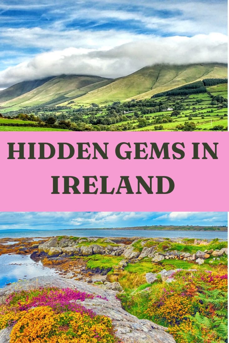 A picturesque landscape of Ireland featuring green hills, vibrant wildflowers, and a serene sky with the text "Hidden Gems in Ireland".