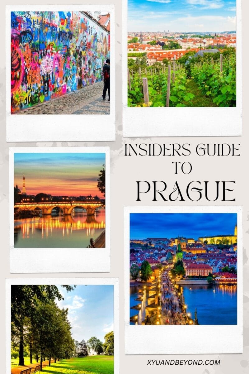 A collage featuring scenes from a visit to Prague: a graffiti wall, a sunset view over a bridge, a cityscape from above, and a park, titled "Insiders Guide to Prague.