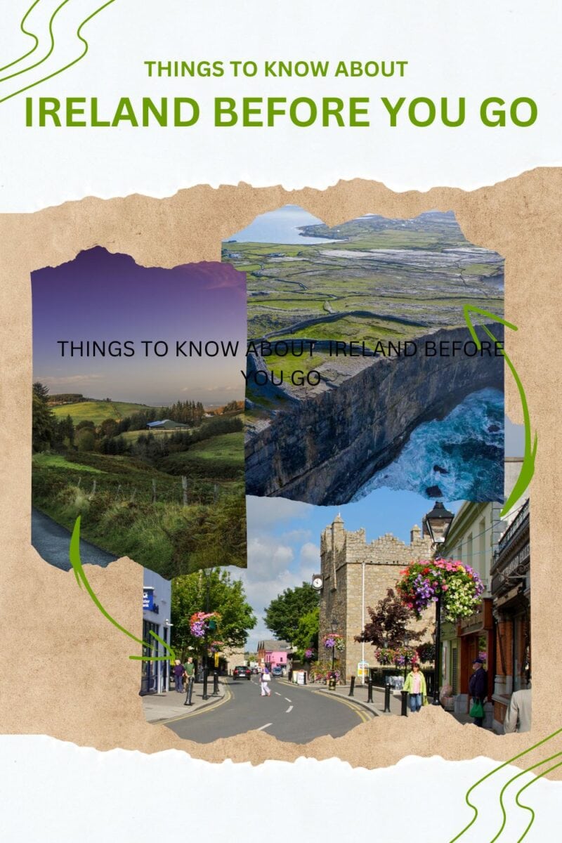 Travel brochure page titled 'Irish things to know about Ireland before you go' featuring scenic and street views of Ireland.