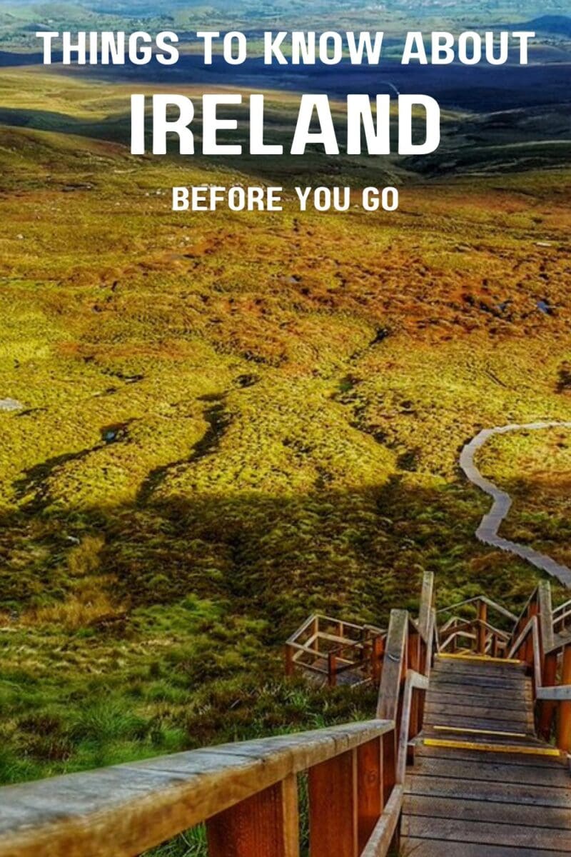 Travel guide highlighting essential Irish things and information for visitors to Ireland, featuring a scenic view of a countryside trail.