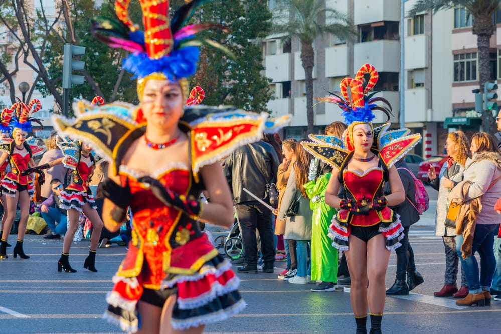CARTAGENA, SPAIN - MARCH 2, 2019 A colorful carnival parade organized by the inhabitants of a famous town in Murcia region