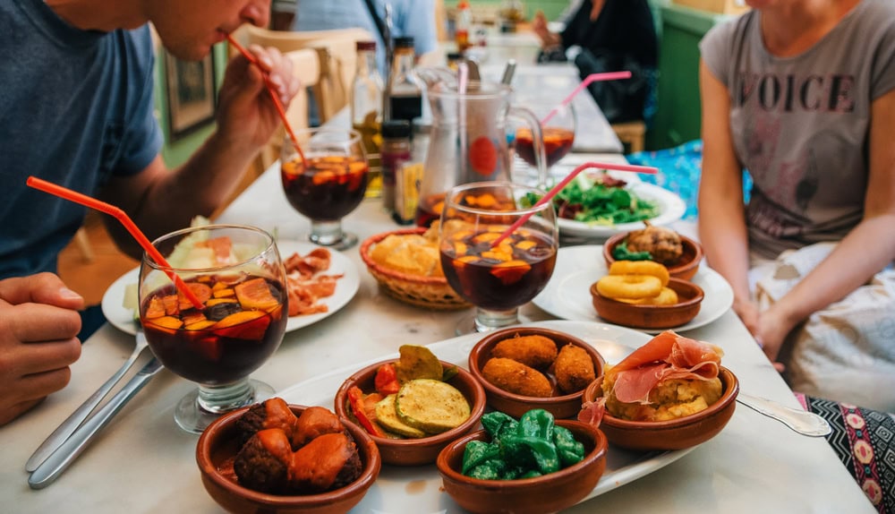 Tapas set and sangria in traditional spanish cafe in Mallorca, Balearic island, Spain