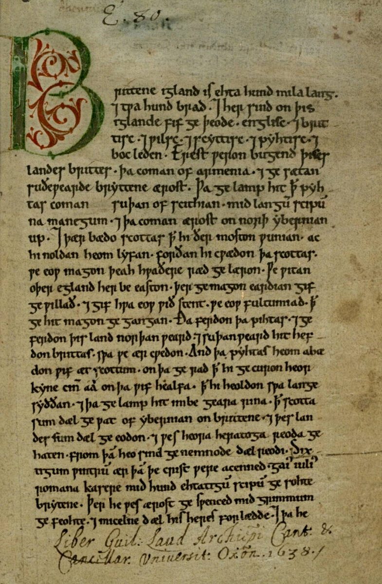 A page of old manuscript text written in a dark ink with a large, ornate, illuminated capital letter at the beginning.