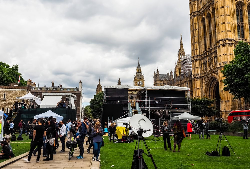 Press and TV crews in College Green Westminster just opposite the Houses of Parliament, on the day following the June 8 general elections, high dynamic range