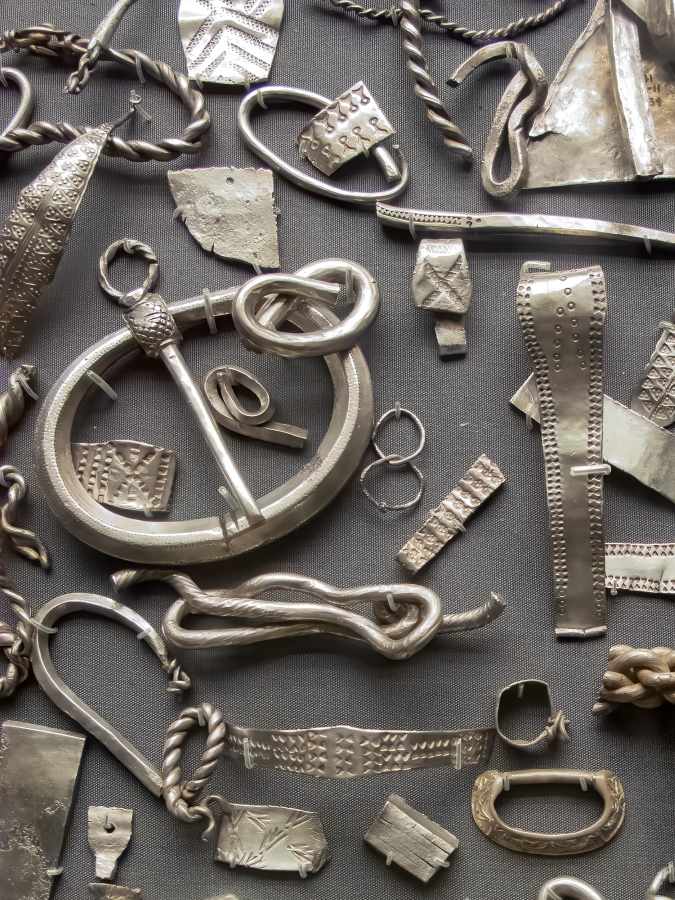 Cuerdale Hoard of Viking silver in the british museum, bracelets, tors and beads and hair pins