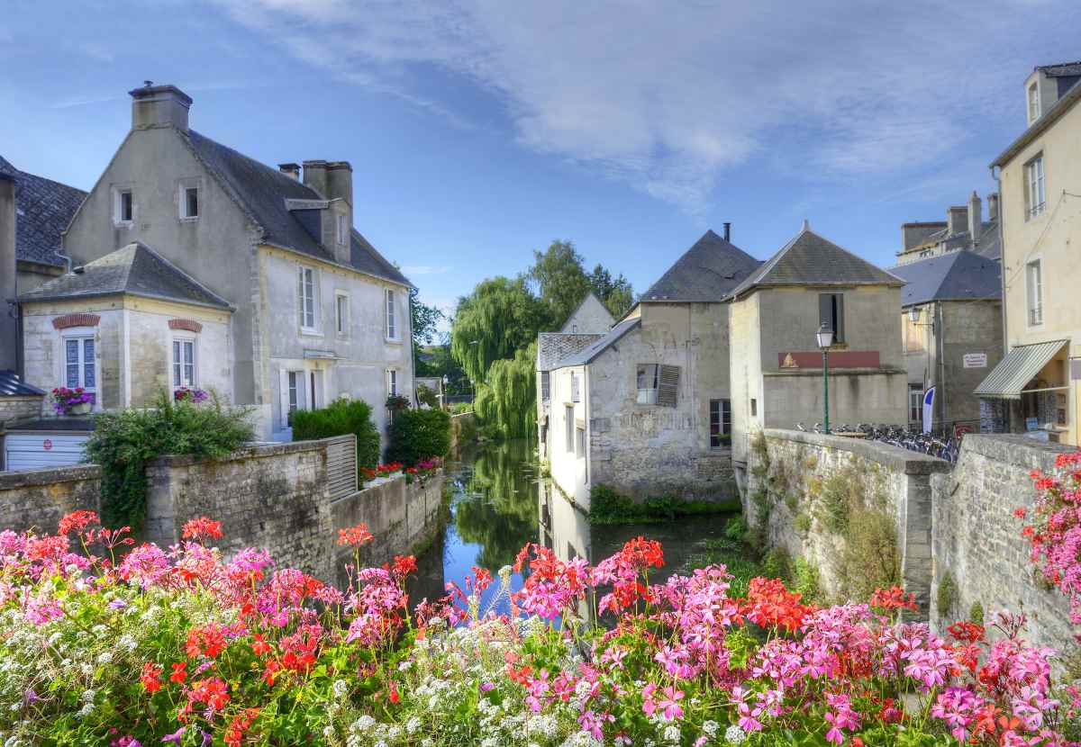 A canal flows between stone buildings, framed by vibrant pink and red flowers in the foreground.