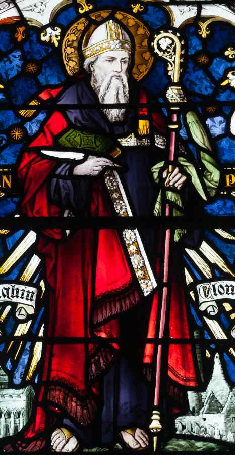 Saint Ciarán of Clonmacnoise depicted in a stained glass window