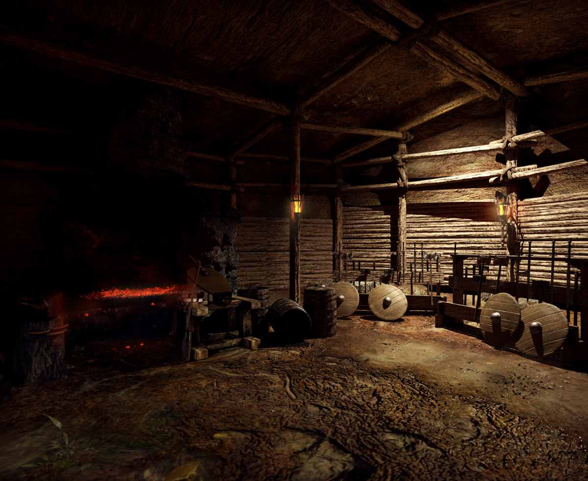 A dimly lit wooden interior features a glowing forge, barrels, and round wooden shields leaning against the walls.