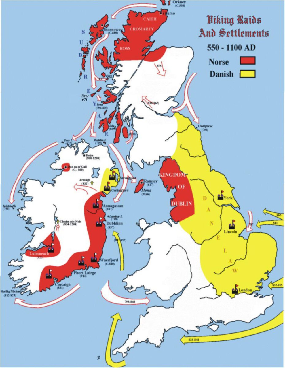 A map titled Viking Raids and Settlements 550-1100 AD shows Norse and Danish areas and movement arrows across the islands.