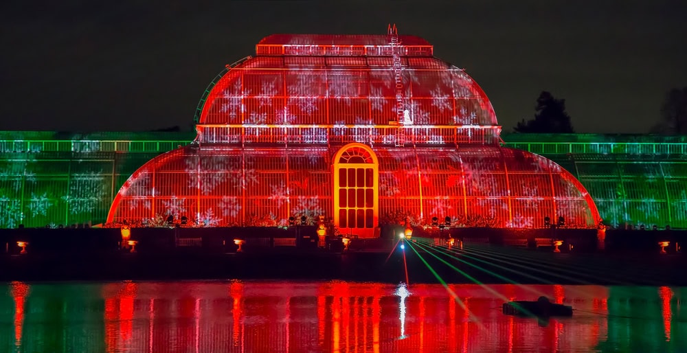 Laser projections at Royal Kew Gardens, during Christmas time. the glasshouse is alight with coloured laser beams in Green Red and gold