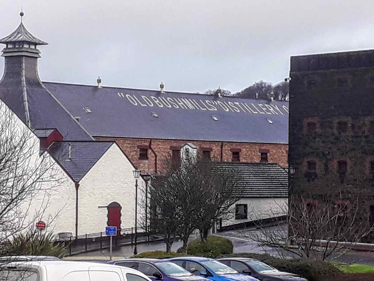 A large building with OLD BUSHMILLS DISTILLERY painted on its roof stands behind a parking lot with several cars.