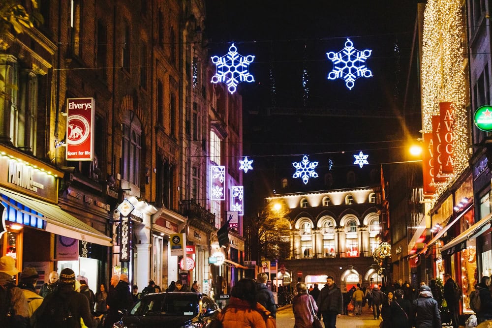 Christmas decorations in Dublin city centre near Grafton Street