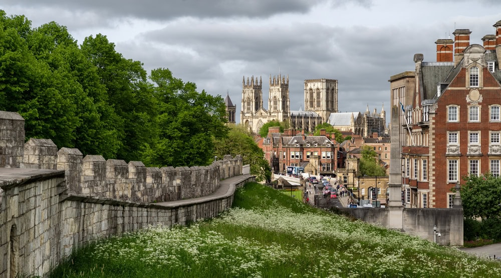 Cathedral called York minster and historic walls in the centre of city