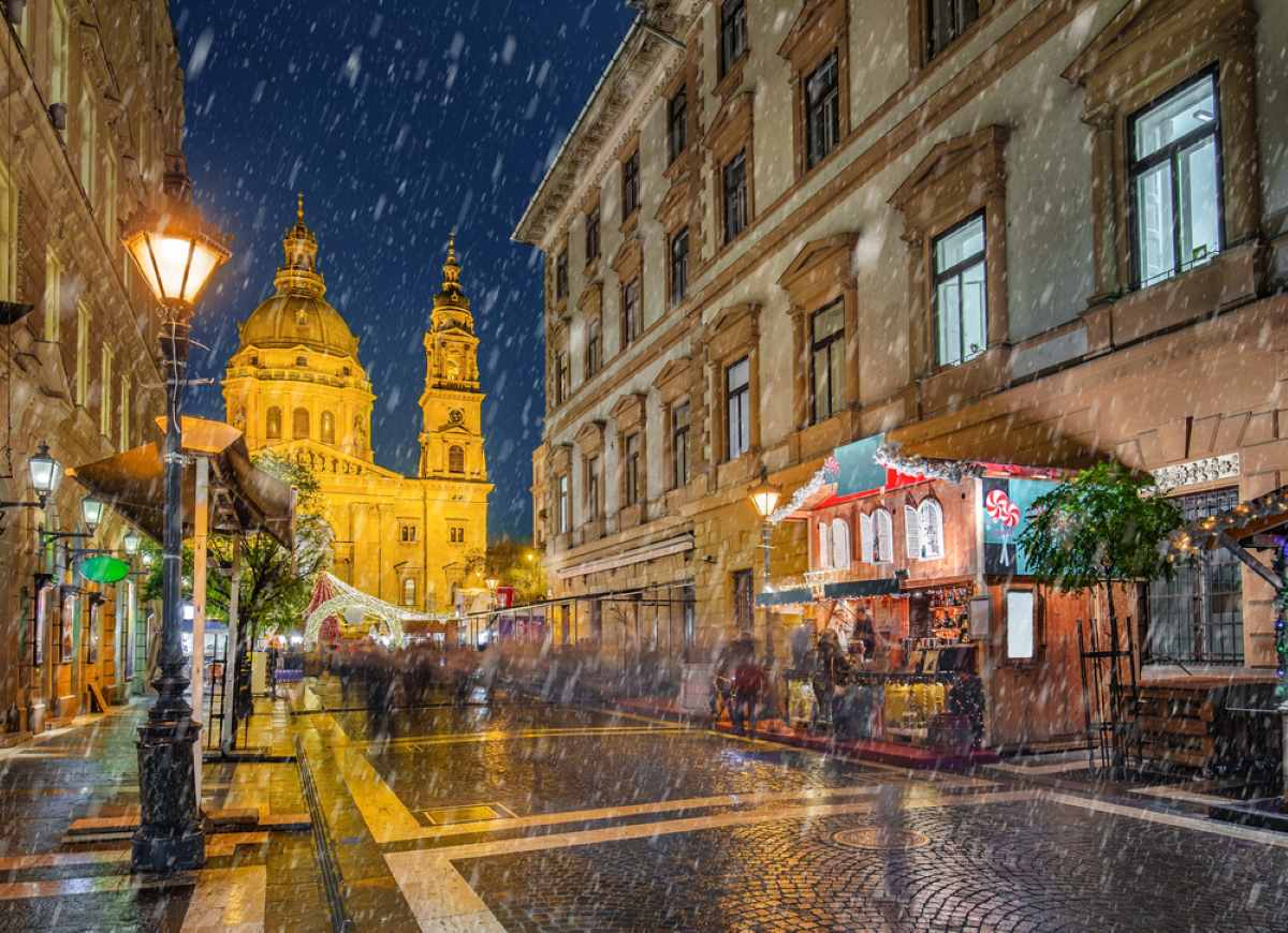 Budapest Christmas market on a snowy night