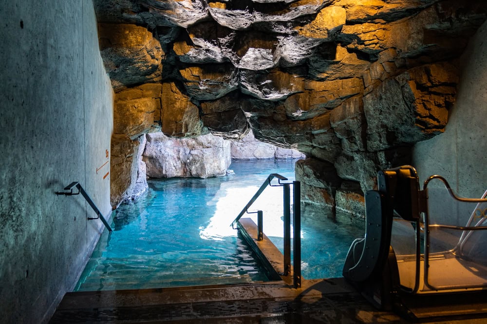 Kopavogur, Iceland - July 11, 2023: Sky Lagoon spa, entrance to the pool hot spring