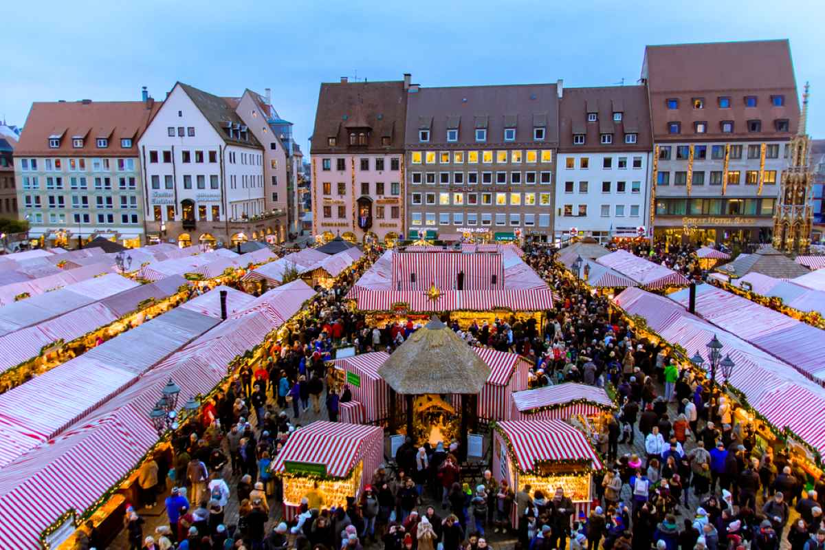 view of the Christkindlesmarkt, a Christmas market in the Hauptmarkt, the central square in Nuremberg old town,
