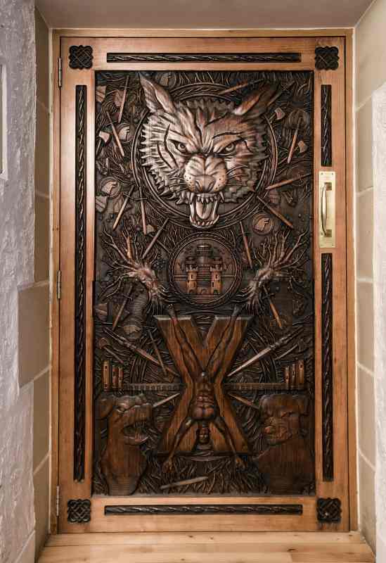A wooden door features intricate carvings of a snarling wolf, a castle, weapons, and a figure positioned on an X-shape.