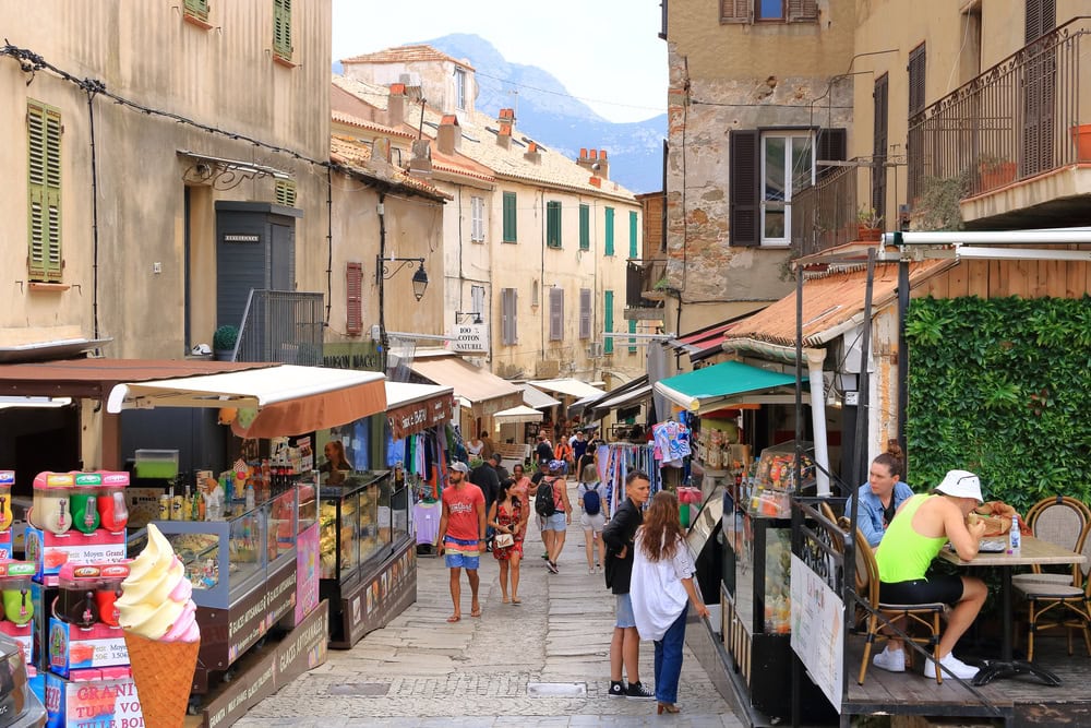 Calvi, Corsica in France: Street with historic houses in Calvi old town